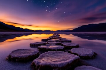Aufkleber - Scenic landscape featuring a stepping stone pathway over water, capturing the vibrant hues of a sunset and the serene reflection on the water's surface with a backdrop of distant mountains and a