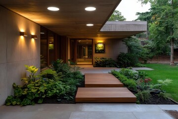 Poster - Low angle view of a contemporary house exterior featuring a concrete structure, wooden pathway, and lush garden at twilight. Warm lighting accents the facade, creating a welcoming and stylish