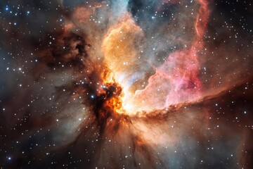 Aufkleber - A striking space photography showcasing a cosmic nebula with orange and red hues against a backdrop of dark space and radiant stars. The nebula's swirling clouds create a visually dramatic and
