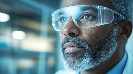 Poster - Close up on a focused mature african american male wearing clear safety glasses and a lab coat. The background is blurred with blue and white tones, emphasizing a clean, professional atmosphere