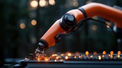 Aufkleber - Close up of an orange robotic arm performing precise actions on a dark metal surface with glowing sparks. The background features a soft bokeh of forest lights, creating a contrast between technology