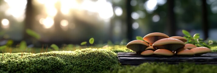 Poster - A cluster of mushrooms sits atop a mossy log bathed in warm sunlight. The background features a soft, natural bokeh of greens and sunlight filtering through trees, creating a serene and magical