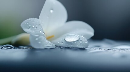 Aufkleber - Close-up of a white flower with water droplets on its petals, set against a blurred background. The image emphasizes the freshness and purity, showcasing the delicate texture and detail of the flower