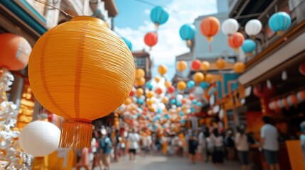 Aufkleber - Street view of numerous vibrant orange, white, and blue spherical lanterns hanging above a bustling pedestrian area. This photo captures a festive atmosphere, with blurred figures suggesting movement