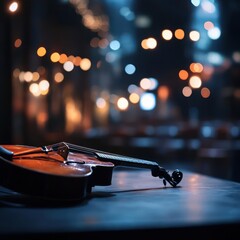 Aufkleber - Close-up on a classical brown violin lying on a dark wooden surface, bathed in ambient lighting. Bokeh lights and blurred elements in the background add depth, casting a warm yet mysterious glow over