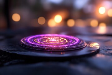 Fototapete - Close-up shot of a small, round, textured platform with concentric circles of glowing light. The platform sits on a dark, reflective surface with blurred bokeh lights in the background, creating a
