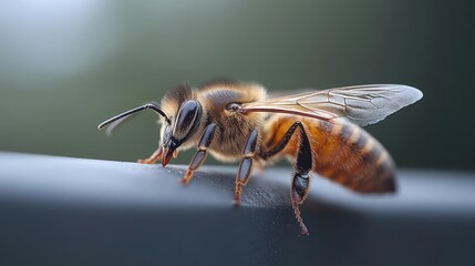 Poster - A macro shot of a honeybee on a gray surface captures its intricate details. The bee's brown and orange body contrasts with the soft, out-of-focus background, highlighting its delicate wings and legs