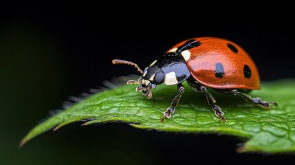 Poster - Detailed macro shot of a ladybug with red and black spots perched on a vibrant green leaf against a stark black background, capturing the intricate details of the insect and leaf textures