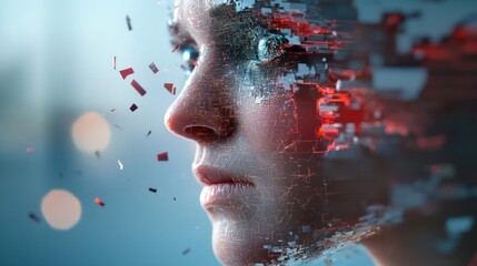Leinwandbilder - Close up of a young woman's face in profile with digital data overlay, creating a modern technological aesthetic. Shot with soft focus and glowing lights for depth