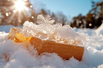 Poster - Close-up of snow on a wooden surface illuminated by the sun, with a forest in the background. The scene is bathed in sunlight, creating a bright and crisp winter atmosphere