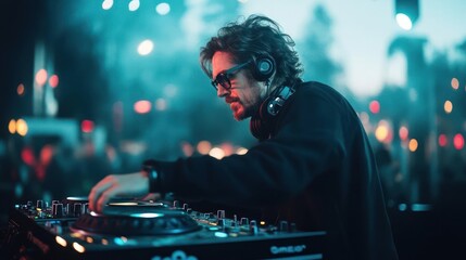 Poster - A DJ with curly hair wearing glasses and headphones, dressed in a dark jacket, is focused on his equipment. The event occurs at night with a crowd in the background, bathed in vibrant blue and orange