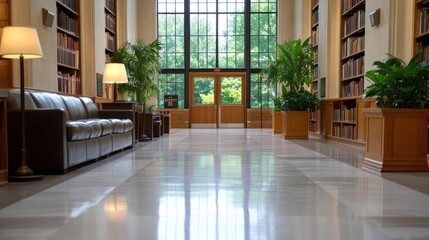 Poster - Interior shot showcasing a library with wooden bookshelves lining the walls, a floor reflecting soft light, comfortable sofas, and green plants near the entrance doors offering a serene and scholarly