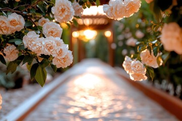 Aufkleber - Warm light shines on a stone path framed by climbing white roses and green leaves in a garden. A blurred wooden structure sits in the background, bathed in the glow of the setting sun