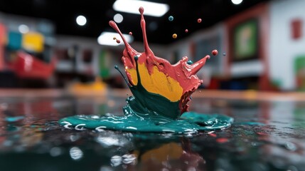 Fototapete - Dynamic macro shot of vibrant paint splash featuring teal, red, and yellow hues, set against a blurred backdrop with visible studio elements and color accents. Splatter creates artistic, liquid