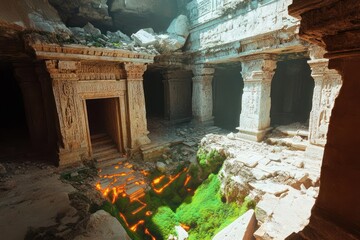 Poster - Detailed image of an ancient temple ruin showcasing intricate carvings, weathered stone columns, and an interior illuminated by a blend of natural light and glowing embers with grass. The scene