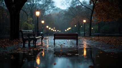Aufkleber - A park walkway lined with benches and old fashioned streetlights reflects the wet pavement after a rain. Fallen leaves line the ground and branches of trees reach out on either side of the walkway