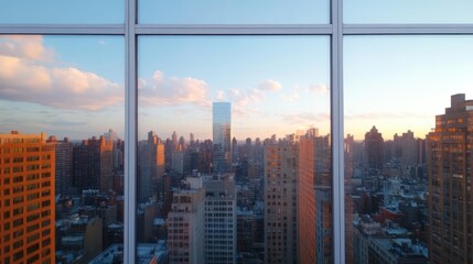 Aufkleber - A window with multi-pane overlooks a sprawling cityscape bathed in the warm hues of sunset. Buildings of varying heights dominate the view, casting long shadows as the sun dips below the horizon. The
