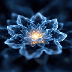 Fototapete - A beautiful and intricate generative artwork features a delicate, translucent flower with blue petals and a glowing orange center, set against a dark, blurred background, creating a serene and