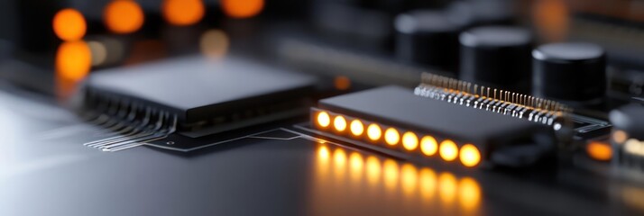 Aufkleber - A close up shot showing details of a dark circuit board with electronic components, transistors and glowing orange lights. The focus is sharp on the central elements with a blurred background
