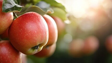 Poster - Close up shot of several red apples on a tree branch with green leaves, the light source is on the background right. The apples have a light texture and smooth skin. The background is blurry with