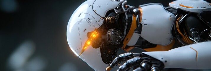 Poster - Close-up of a futuristic android with a white and orange exterior, showcasing intricate mechanical details and a blurred gray background creating a sense of depth and technological sophistication