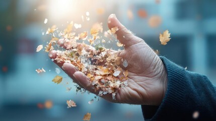 Poster - Close up of a hand scattering brown and yellow leaves against a blurred background. The leaves are scattered around the hand and create a sense of movement. The hand is in focus, and the background