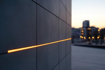 Aufkleber - Close-up of a gray tiled wall with a horizontal line of orange light. The background is blurred, showing a street and buildings at dusk