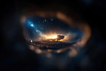 Aufkleber - A stylized depiction of a cityscape at night, cradled within blurred hands. The scene features a glowing horizon, dark skies, and twinkling stars, creating a surreal, dreamlike image with celestial