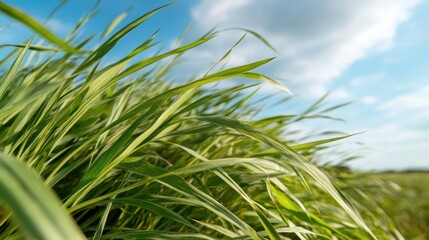 Poster - Close up shot of vibrant green blades of grass reaching towards a blue sky dotted with white clouds. The low angle view emphasizes the height and texture of the grass, creating a fresh, natural