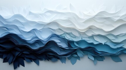 Poster - Layers of paper cut into leaf shapes and arranged horizontally to create an undulating effect, with colors ranging from dark blue to white, creating depth and texture in an artistic composition