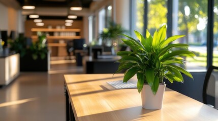 Aufkleber - A green potted plant on a wooden desk in an office setting. The office has a modern design with light-colored walls, large windows, and blurred-background workstations with computer monitors