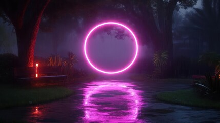 Aufkleber - A surreal scene unfolds in a rain-soaked park, where a vibrant neon pink circle hovers above a reflective path. The surrounding foliage and trees are cast in shadow, creating a mystical and
