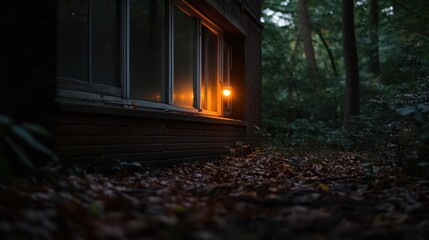 Aufkleber - A low-angle perspective showcases a brick building's exterior during twilight, with a single window emitting a warm, inviting glow. The foreground is covered in fallen leaves, with dense foliage