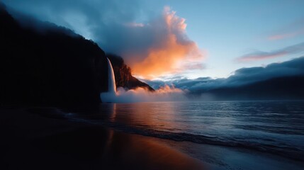 Aufkleber - Scenic view of a waterfall flowing into a lake under a cloudy sky at sunset. The water reflects the orange and pink hues of the setting sun, and mist surrounds the base of the waterfall. A sandy
