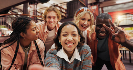 Aufkleber - College library, friends and selfie of students with peace sign, picture or POV of people together. Portrait, happy group and photography at university for study break, education or social media post