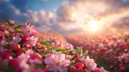 Leinwandbilder - Captivating close-up showcases apple blossoms in full bloom, set against a vast field of red apples. The sunset bathes the scene in a warm glow, enhancing the vibrant colors and creating a serene and