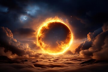Aufkleber - A celestial scene featuring a radiant, fiery halo against a backdrop of dramatic clouds and a distant moon. The warm glow of the halo contrasts with the cool tones of the sky and cloudscape, creating