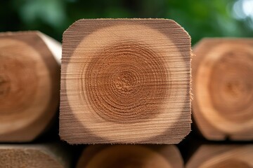 Poster - Close up view of a stack of square wooden posts, featuring detailed end grain textures with concentric ring patterns. The background is blurred green foliage suggesting an outdoor setting and natural