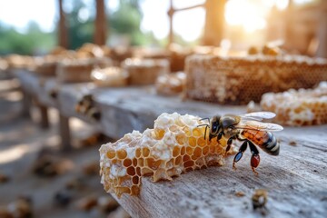 Aufkleber - Close-up shot of a bee on a wooden surface covered with honeycomb, with a blurred background featuring more honeycomb and an outdoor setting bathed in sunlight