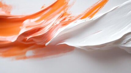 Fototapete - Abstract close-up of thick brushstrokes of orange and white paint on a canvas, creating a dynamic textured pattern against a plain background, capturing the interplay of colors and light