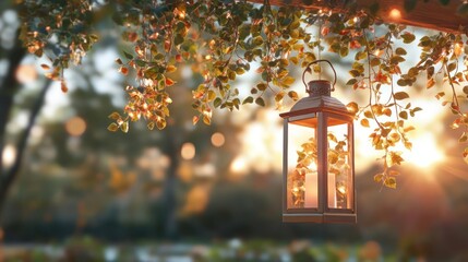 Aufkleber - Hanging lantern with a lit candle on a tree branch with soft, warm sunset light. the focus is on the intricate details of the lantern, with the light highlighting the leaves of the tree