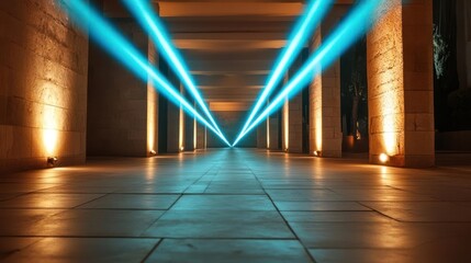 Poster - A symmetrical view through a stone tunnel illuminated by parallel blue light beams emanating from the vanishing point and upward facing spotlights along the corridor, creating geometric patterns and