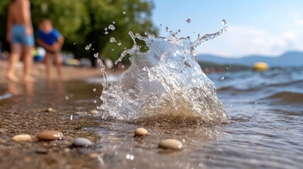 Poster - Close-up shot capturing the dynamic moment of water splashing upwards on a sandy beach with scattered pebbles, shallow depth of field, people blurred in background during daytime, clear blue water