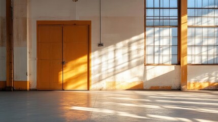 Poster - A bright empty room is illuminated by sunlight shining through large windows. A generic colored door sits on the left, reflecting light, with the walls painted in white and yellow. The room evokes a