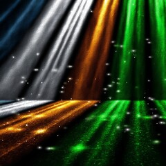 Leinwandbilder - Abstract Textured Landscape with Light Streaks and Sparkling Particles, Divided into Blue, Orange, and Green Sections.