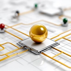 Poster - Golden Sphere on Circuit Board: Conceptual Technology Illustration with Nodes and Connections for Innovation and Network Concepts.