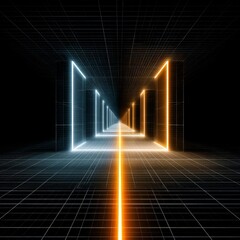 Poster - Neon Tunnel of Color: A Futuristic Perspective of Glowing Rectangles on a Gridded Plane