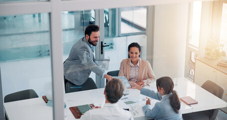 Fototapete - Office, business people and meeting with portfolio for investment, financial proposal and teamwork. Collaboration, employees and stakeholder with document for report review, accounting firm and above