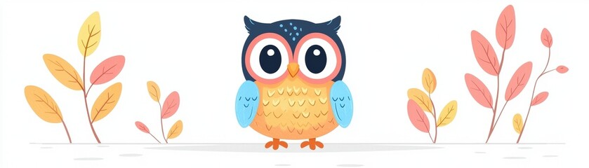 Cute cartoon owl with big eyes standing among colorful autumn leaves in a minimalistic style