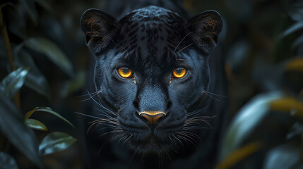 Wall Mural - elegant black leopard gazing directly at camera, surrounded by foliage